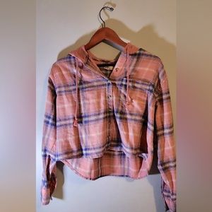 Pink Flannel Cropped Hoodie With Blue Stripes